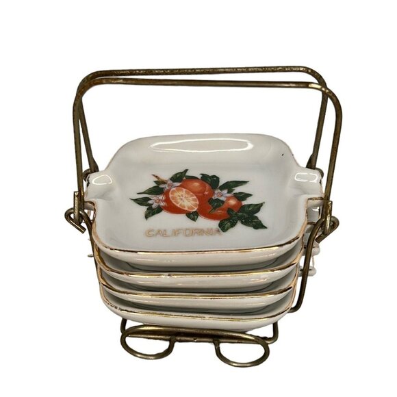 Vintage California Oranges gold trimmed Ashtrays Set of Four in metal holder - Picture 2 of 9